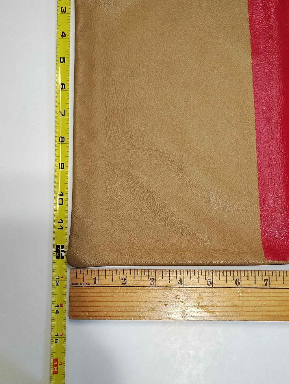 American Apparel Upcycled Tan Leather Clutch/Zip Pouch with Red Stripe